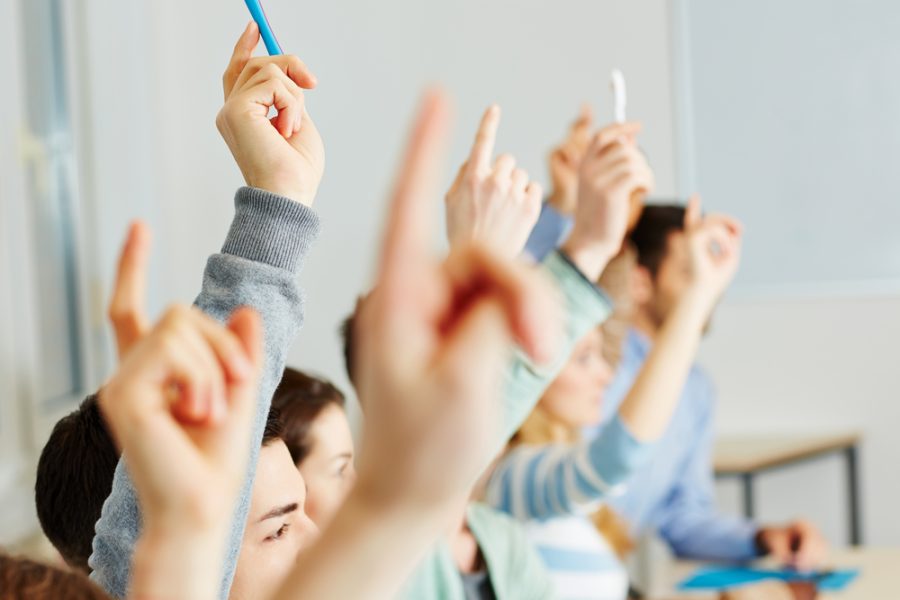Row of students with a hand in the air to answer a question